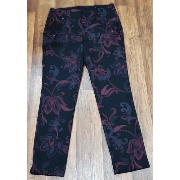Chicos Womens 6 Black Purple Floral Print Slim Pull On Stretch Pants Ponte Style - Picture 1 of 8